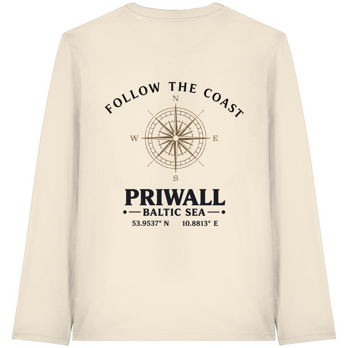 Rückansicht des Bio Longsleeve in Natural Raw mit hellem Priwall Follow the Coast Backprint