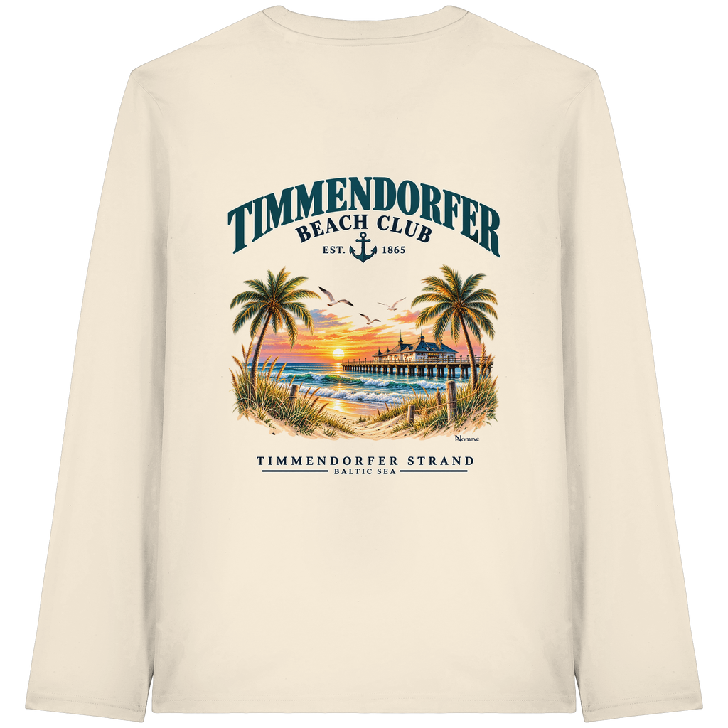 Original-/Katalogmockup: Unisex Bio-Longsleeve in Natural Raw, Rückansicht mit Timmendorfer-Beach-Club-Rückendruck.