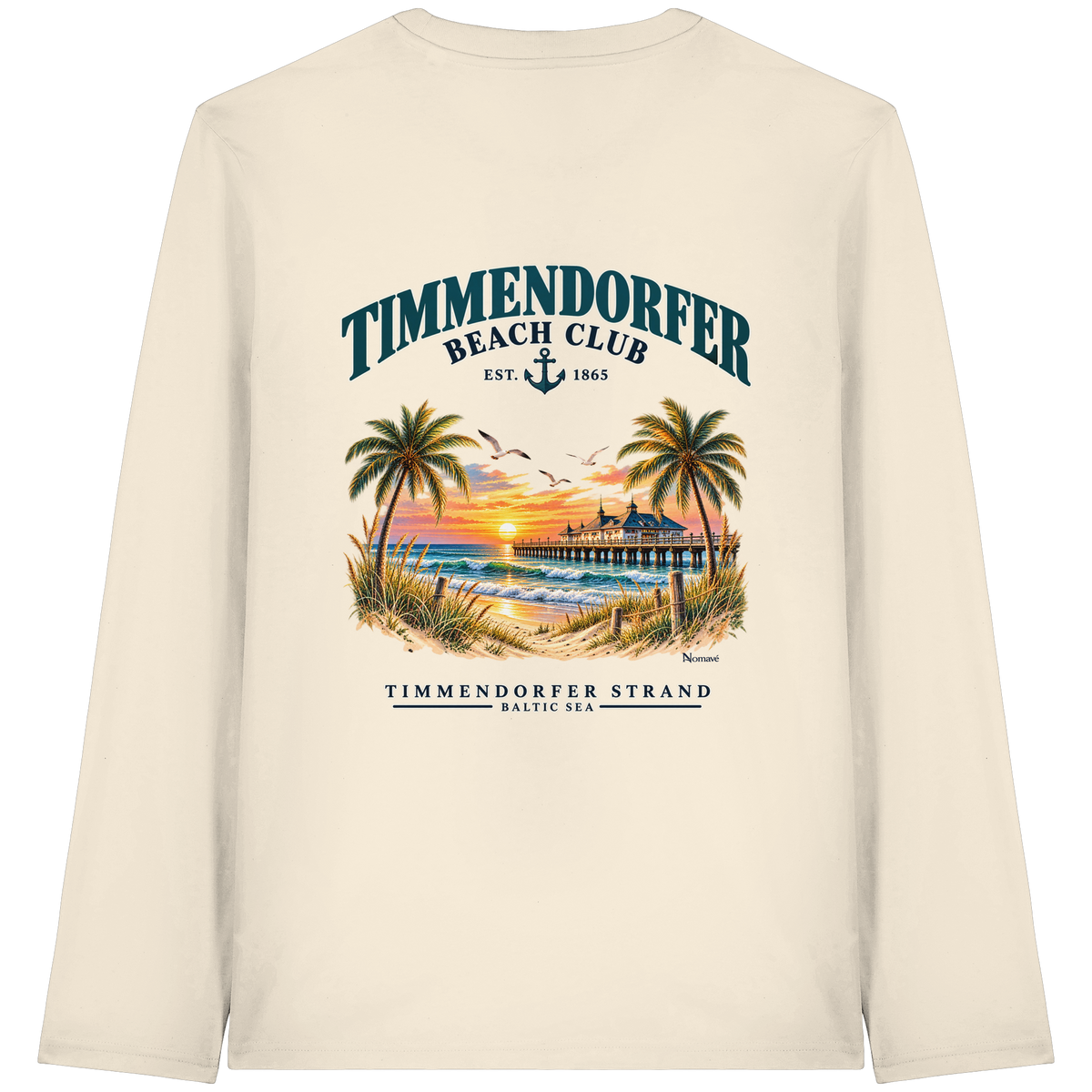 Original-/Katalogmockup: Unisex Bio-Longsleeve in Natural Raw, Rückansicht mit Timmendorfer-Beach-Club-Rückendruck.