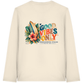 Original-Rückansicht 1: Unisex Bio-Langarmshirt in Natural Raw mit Timmendorfer-Surf-Vibes-Rückenprint, Surfboard, Hibiskusblüten und Baltic-Sea-Schriftzug.