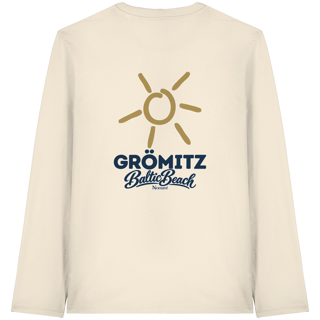 Grömitz Sonne Bio Unisex Longsleeve Baltic Beach mit Rückendruck in Natural Raw – Shirtigo-Originalmockup 1