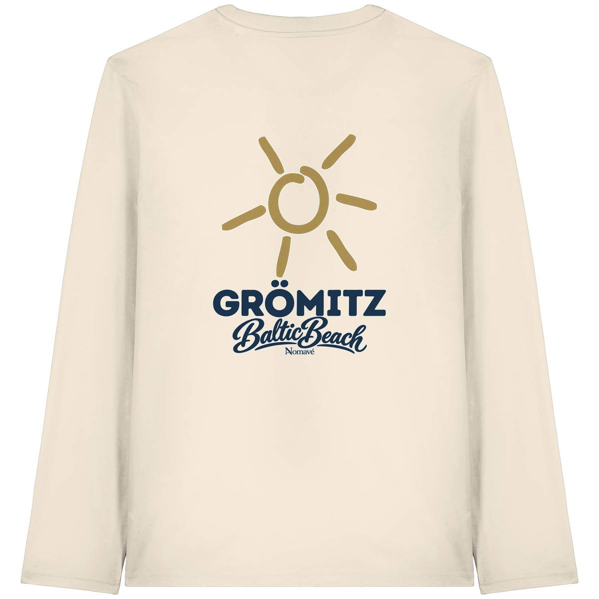 Grömitz Sonne Bio Unisex Longsleeve Baltic Beach mit Rückendruck in Natural Raw – Shirtigo-Originalmockup 1