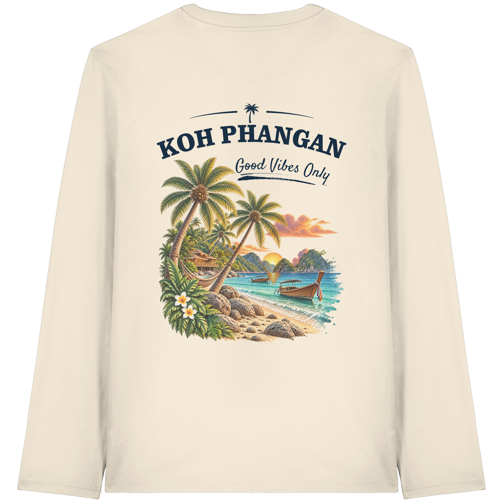 Bio Longsleeve T-Shirt – Backprint in natural raw als Original-Mockup mit Koh Phangan Good Vibes Only Backprint