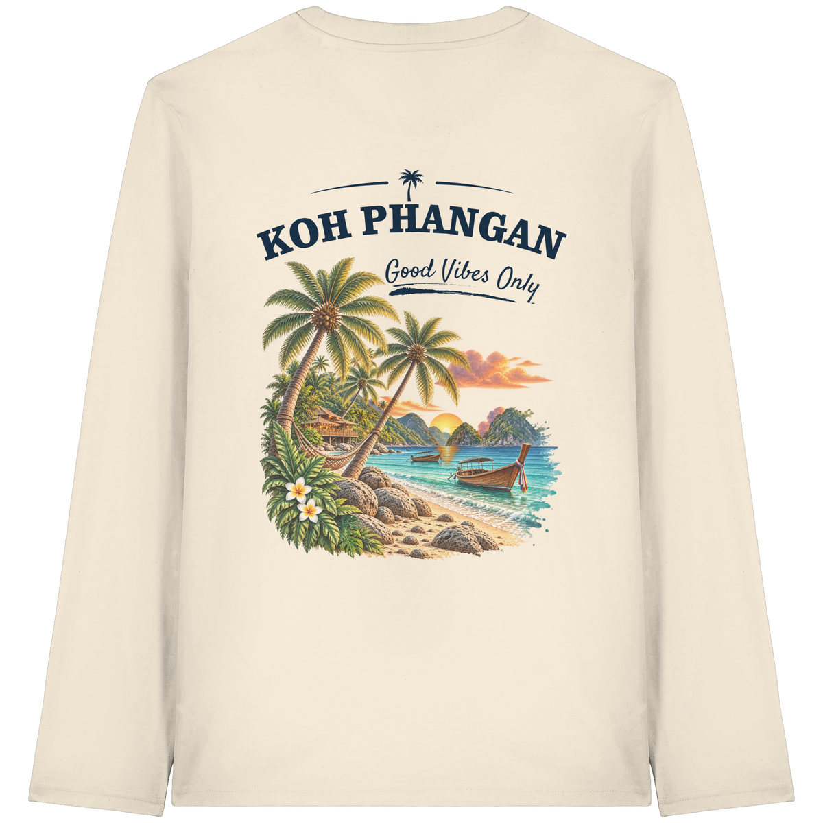 Bio Longsleeve T-Shirt – Backprint in natural raw als Original-Mockup mit Koh Phangan Good Vibes Only Backprint