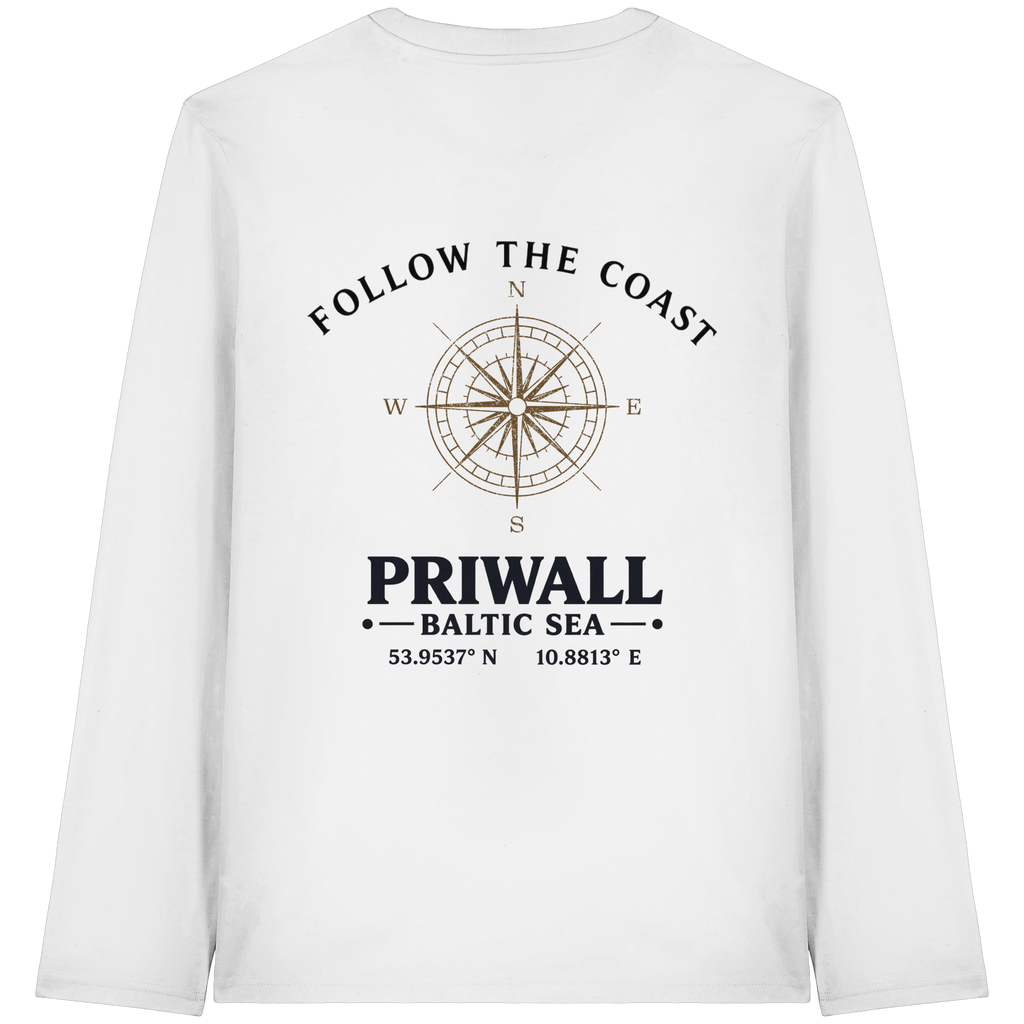 Rückansicht des Bio Longsleeve in White mit hellem Priwall Follow the Coast Backprint