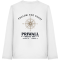 Rückansicht des Bio Longsleeve in White mit hellem Priwall Follow the Coast Backprint