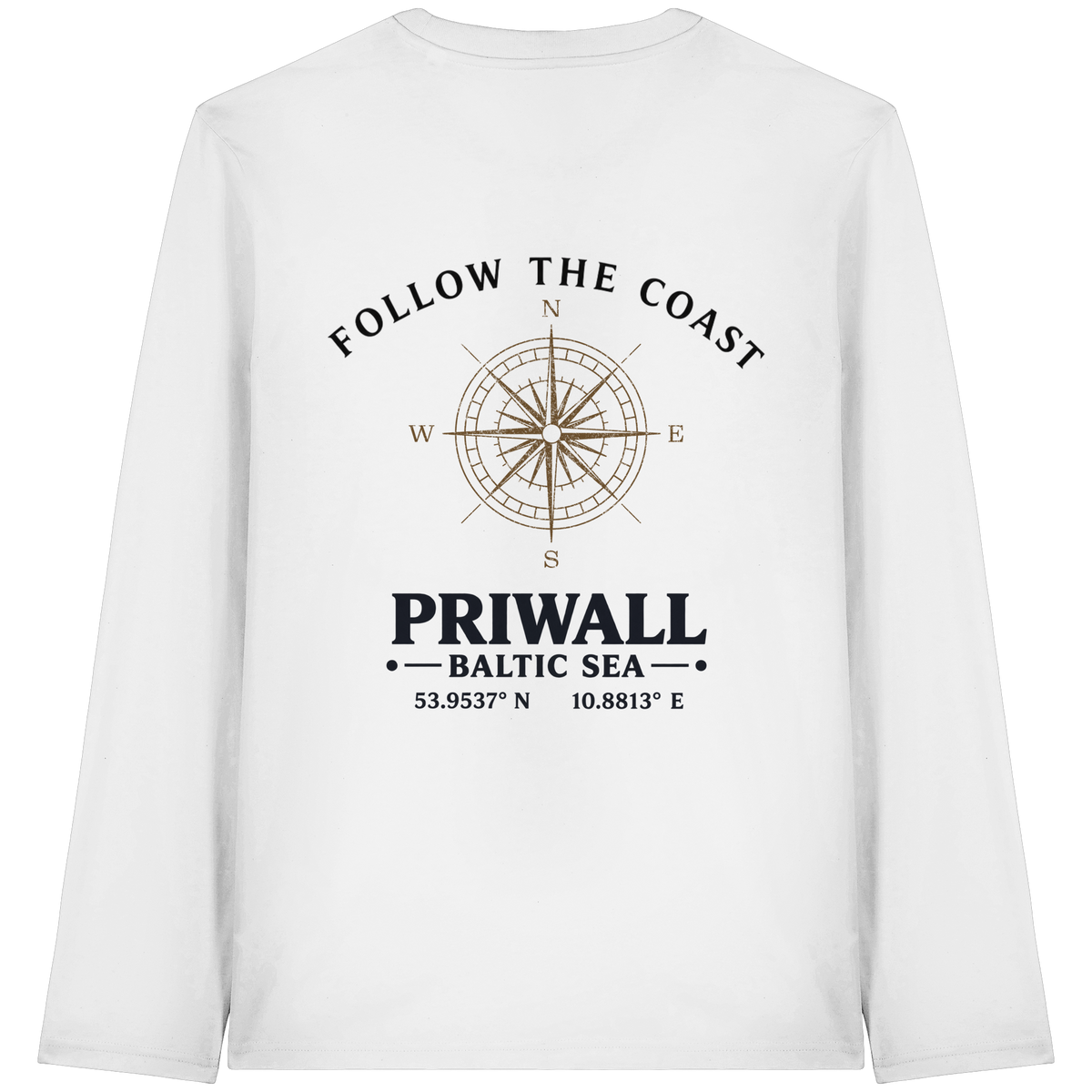 Rückansicht des Bio Longsleeve in White mit hellem Priwall Follow the Coast Backprint