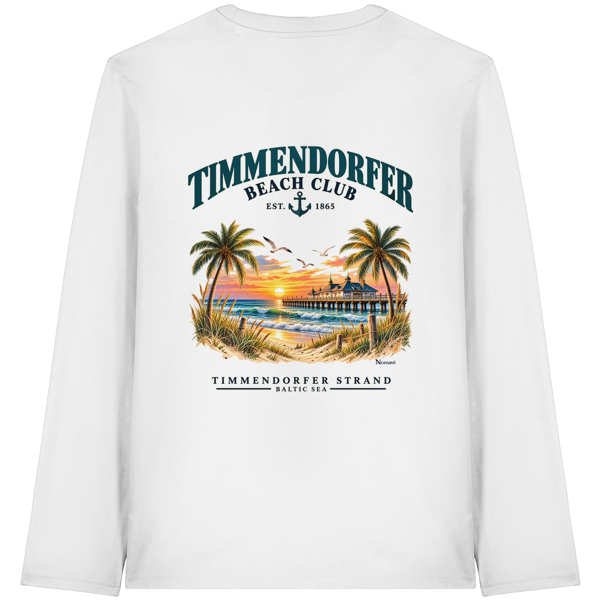 Original-/Katalogmockup: Unisex Bio-Longsleeve in White, Rückansicht mit Timmendorfer-Beach-Club-Rückendruck.