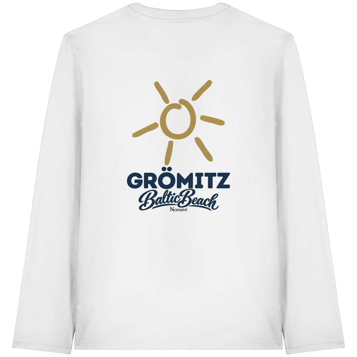 Grömitz Sonne Bio Unisex Longsleeve Baltic Beach mit Rückendruck in White – Shirtigo-Originalmockup 2