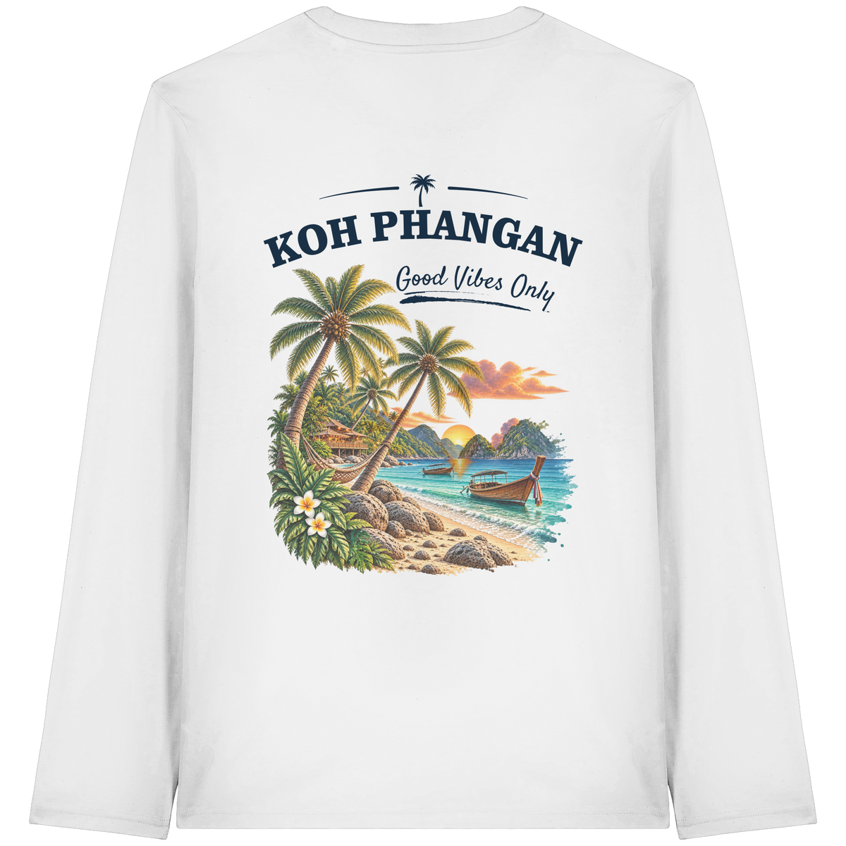 Bio Longsleeve T-Shirt – Backprint in white als Original-Mockup mit Koh Phangan Good Vibes Only Backprint