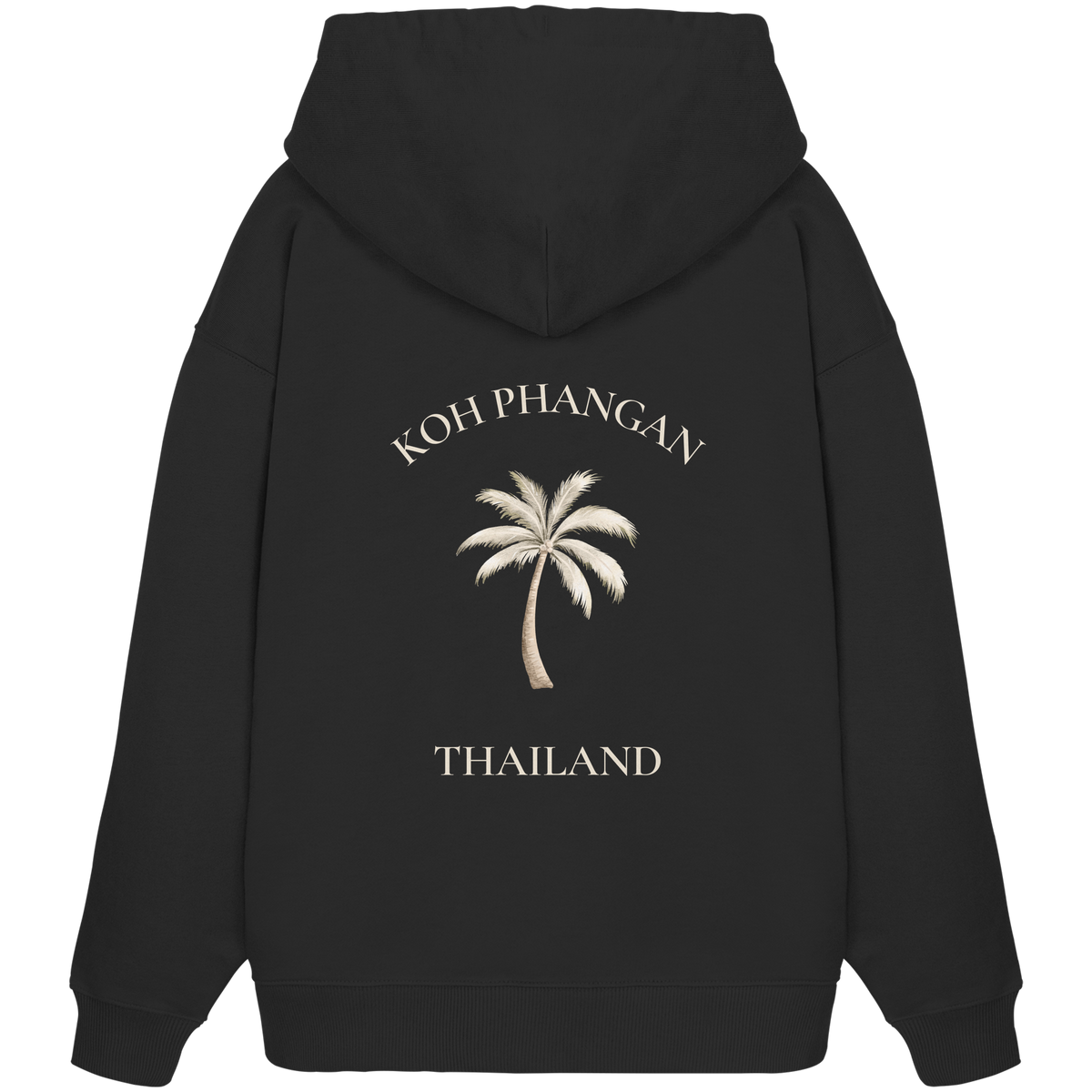 Bio Oversize Hoodie in black mit Koh Phangan Mini Palm Motiv als Backprint – Original-Mockup