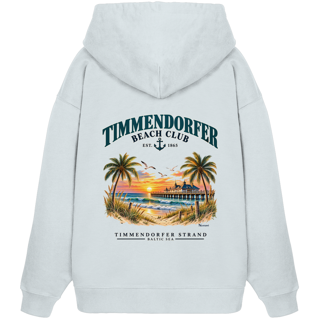 Original-/Katalogmockup: Unisex Bio-Oversize-Hoodie in Blue Ice, Rückansicht mit Timmendorfer-Beach-Club-Rückendruck.