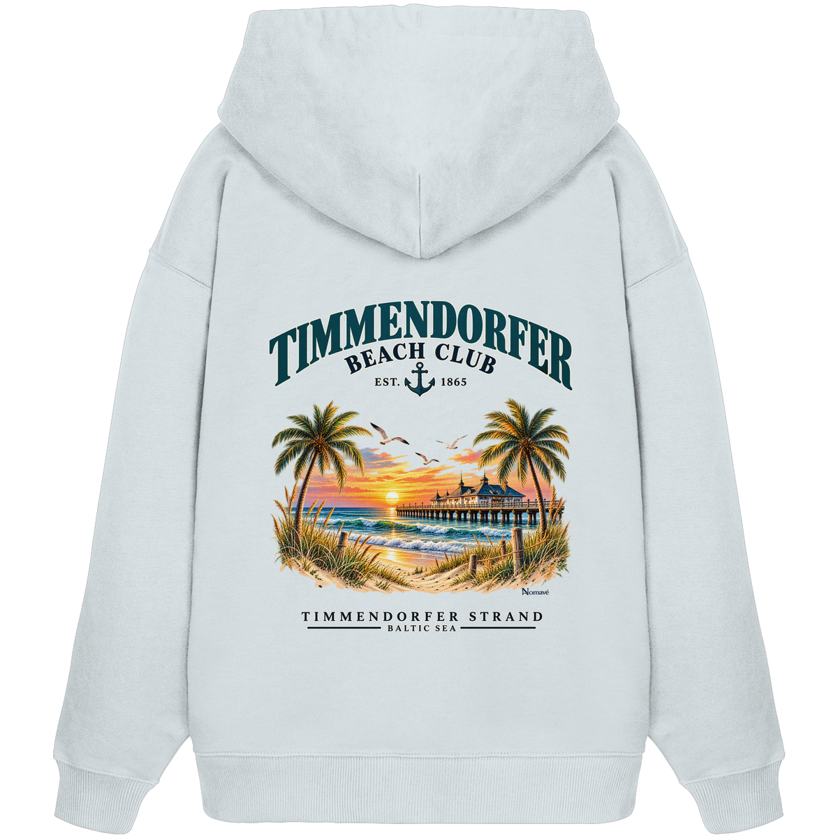 Original-/Katalogmockup: Unisex Bio-Oversize-Hoodie in Blue Ice, Rückansicht mit Timmendorfer-Beach-Club-Rückendruck.