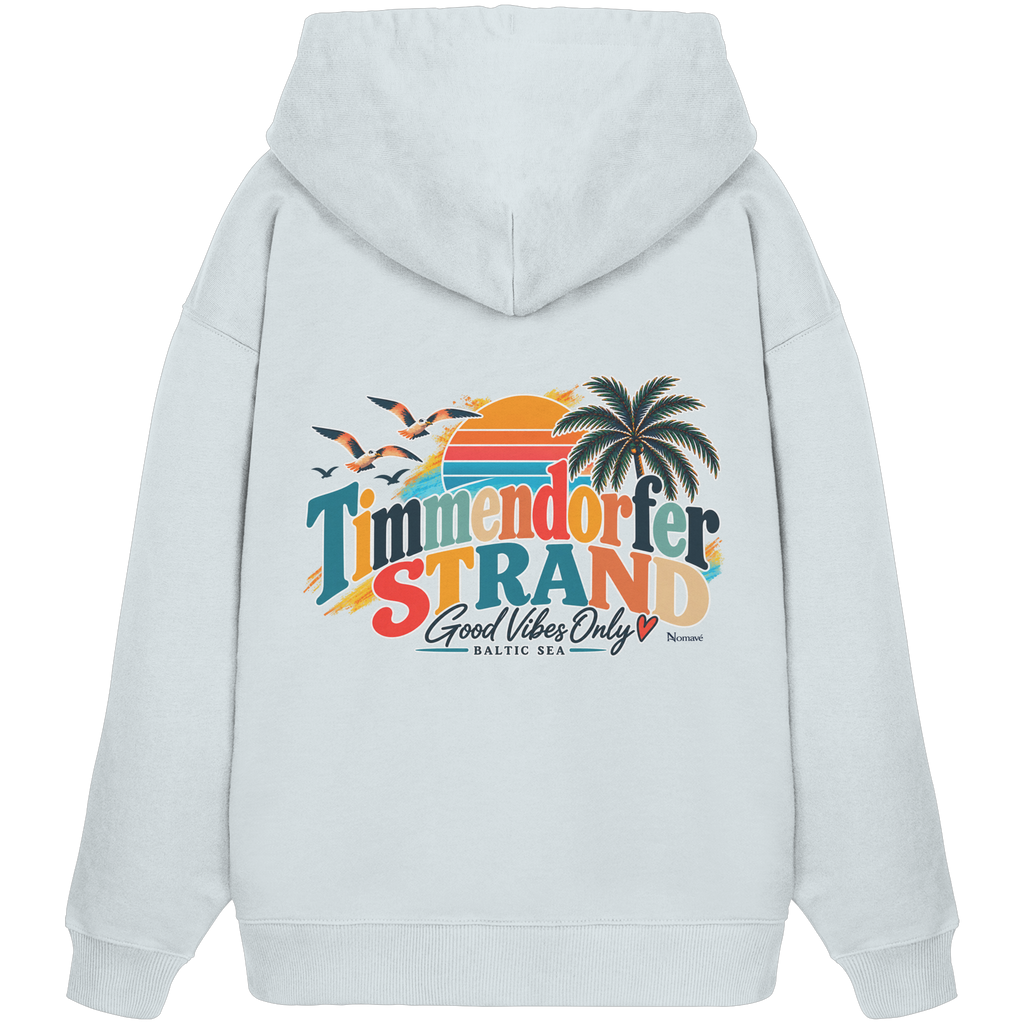 Timmendorfer Strand – Good Vibes Only – Bio Oversize-Hoodie mit Rückenprint – Blue Ice; originales Katalogmockup der Rückansicht mit Rückenprint.