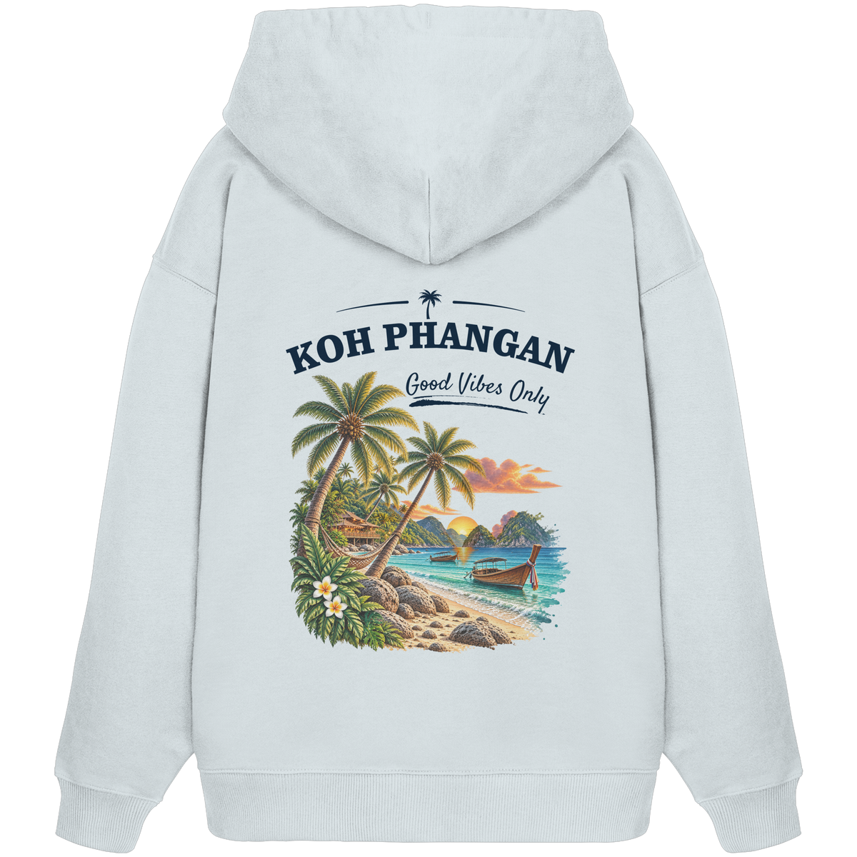 Bio Oversize Hoodie – Backprint in der gezeigten Farbe als Original-Mockup mit Koh Phangan Good Vibes Only Backprint