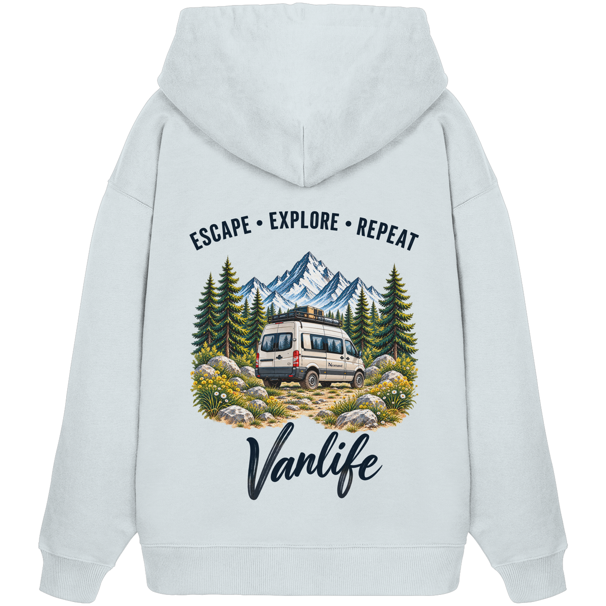 Bio Oversize Hoodie in Blue Ice als Produkt-Mockup mit Escape Explore Repeat Motiv als Backprint