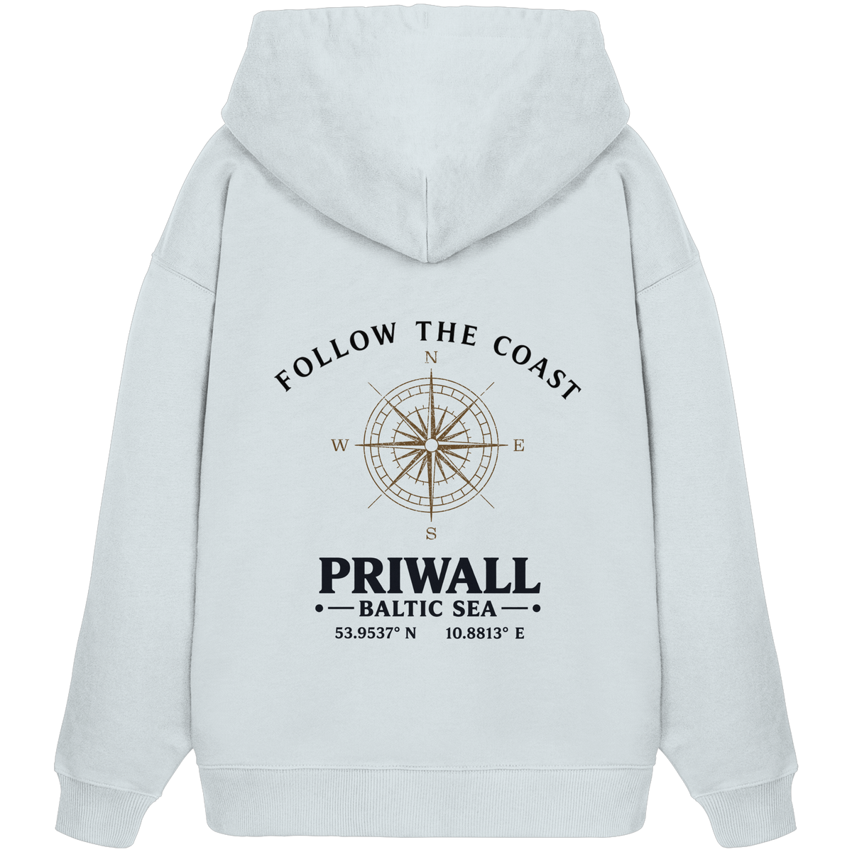 Rückansicht des Bio Oversize Hoodie in Blue Ice mit hellem Priwall Follow the Coast Backprint