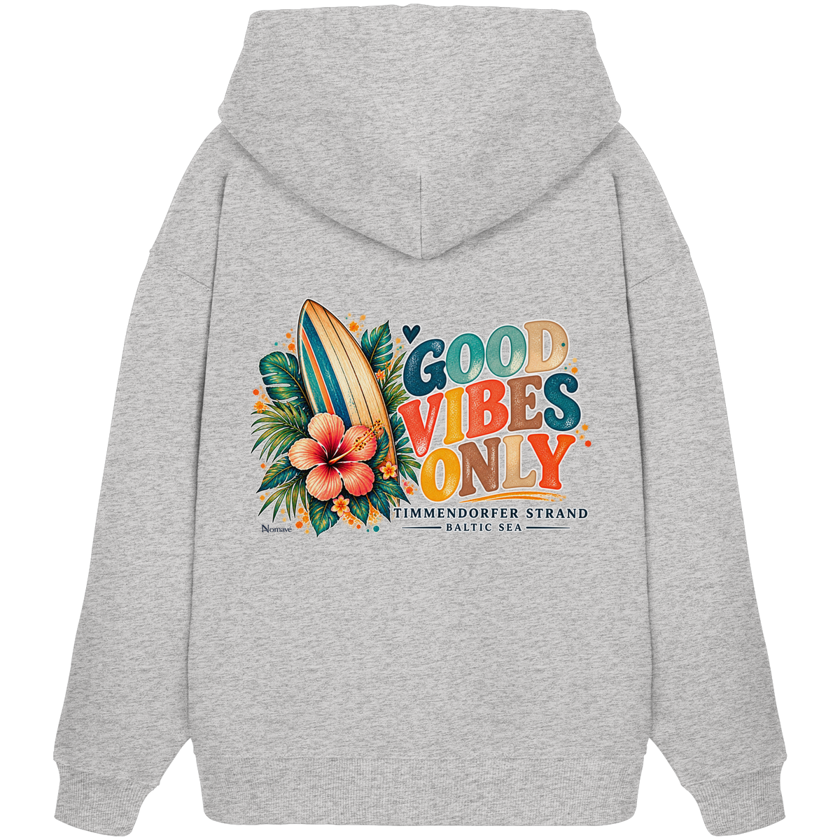 Rückansicht des Unisex-Oversize-Hoodies in Cool Heather Grey mit Timmendorfer-Surf-Vibes-Rückenprint aus Surfboard, Hibiskus und „Good Vibes Only“.