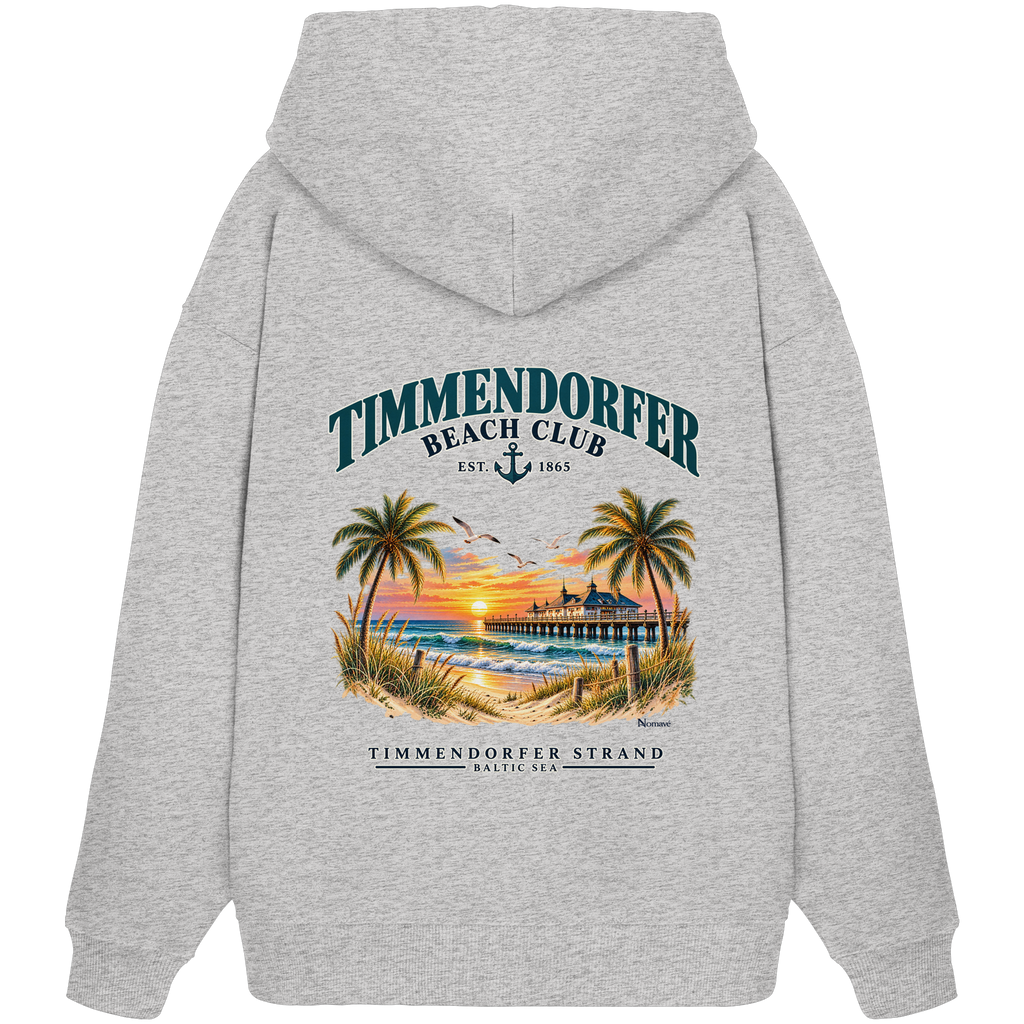 Original-/Katalogmockup: Unisex Bio-Oversize-Hoodie in Cool Heather Grey, Rückansicht mit Timmendorfer-Beach-Club-Rückendruck.