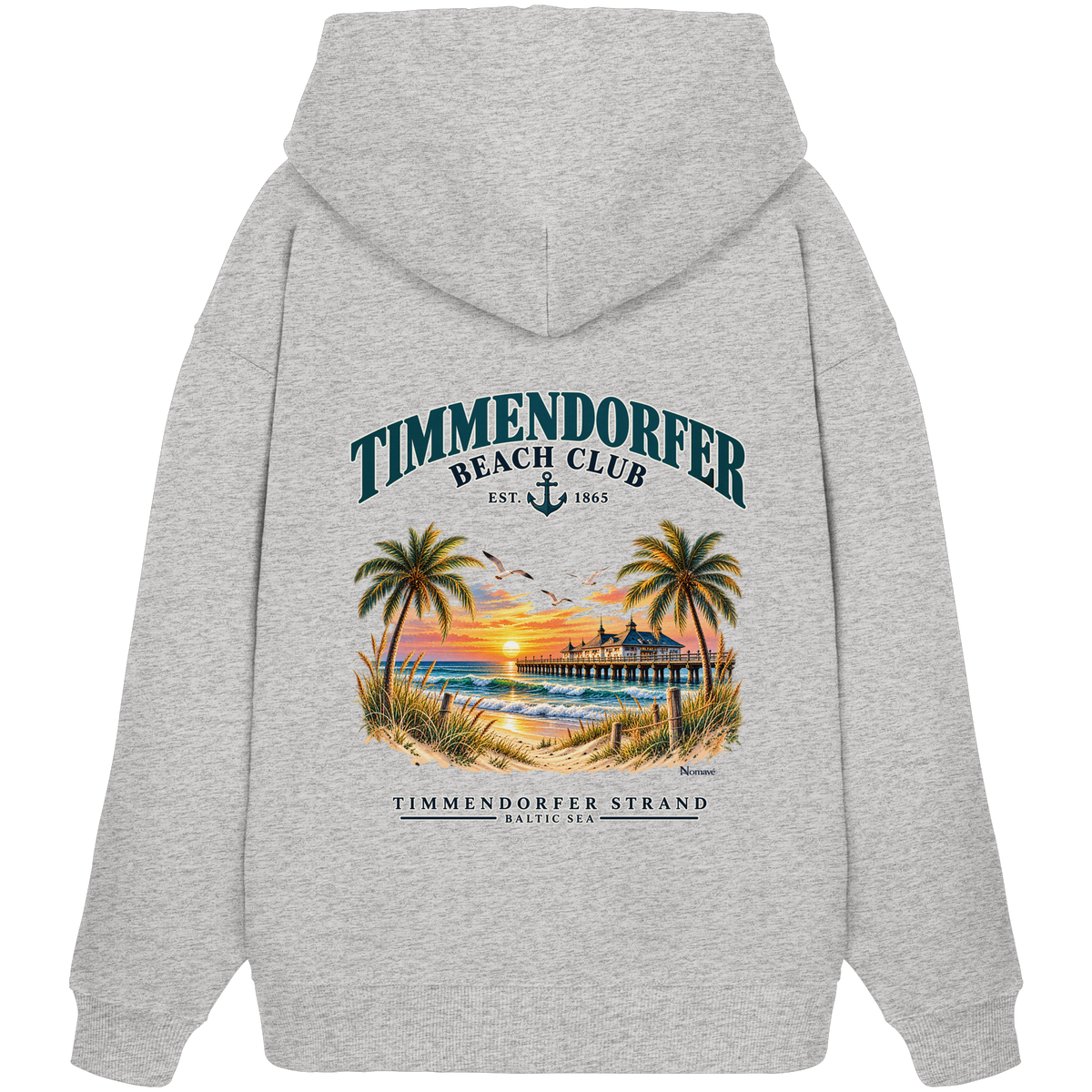 Original-/Katalogmockup: Unisex Bio-Oversize-Hoodie in Cool Heather Grey, Rückansicht mit Timmendorfer-Beach-Club-Rückendruck.