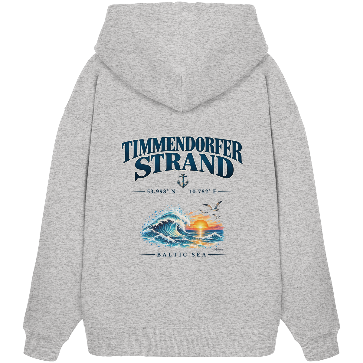 Original-Mockup 3: Unisex Bio-Oversize-Hoodie in Cool Heather Grey mit Timmendorfer Strand – Baltic Sea Backprint.