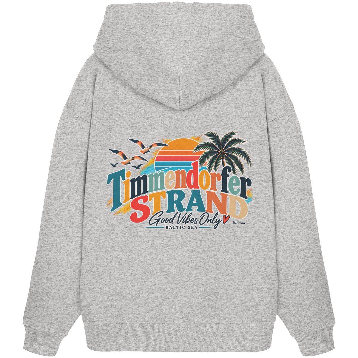 Timmendorfer Strand – Good Vibes Only – Bio Oversize-Hoodie mit Rückenprint – Cool Heather Grey; originales Katalogmockup der Rückansicht mit Rückenprint.