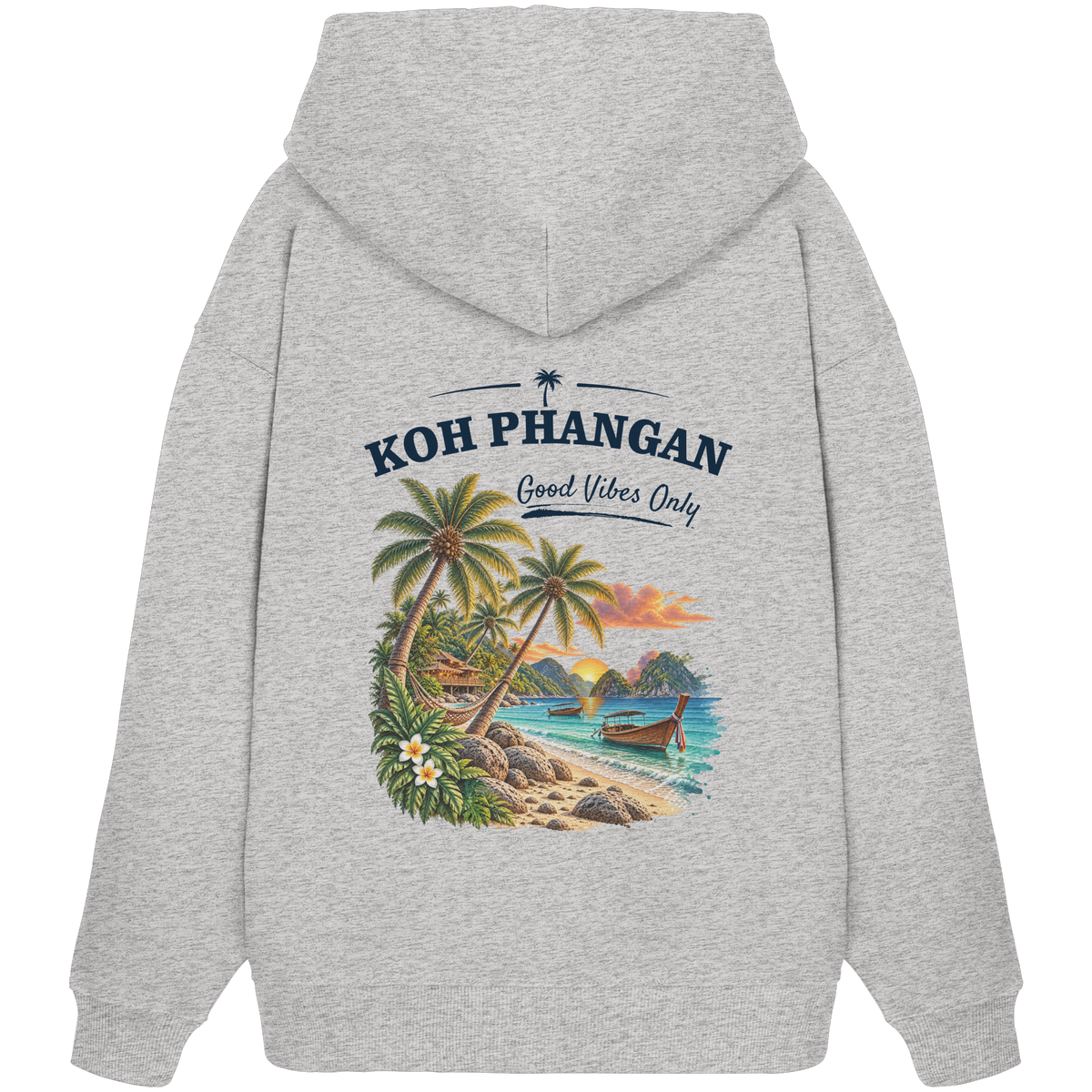 Bio Oversize Hoodie – Backprint in cool heather grey als Original-Mockup mit Koh Phangan Good Vibes Only Backprint