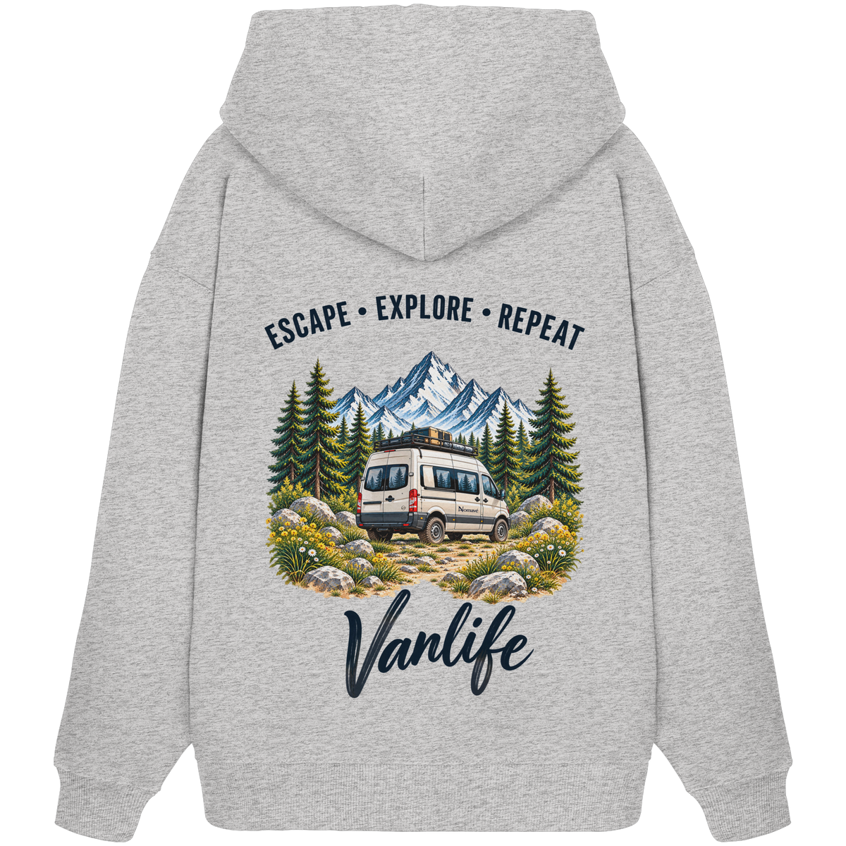 Bio Oversize Hoodie in Cool Heather Grey als Produkt-Mockup mit Escape Explore Repeat Motiv als Backprint
