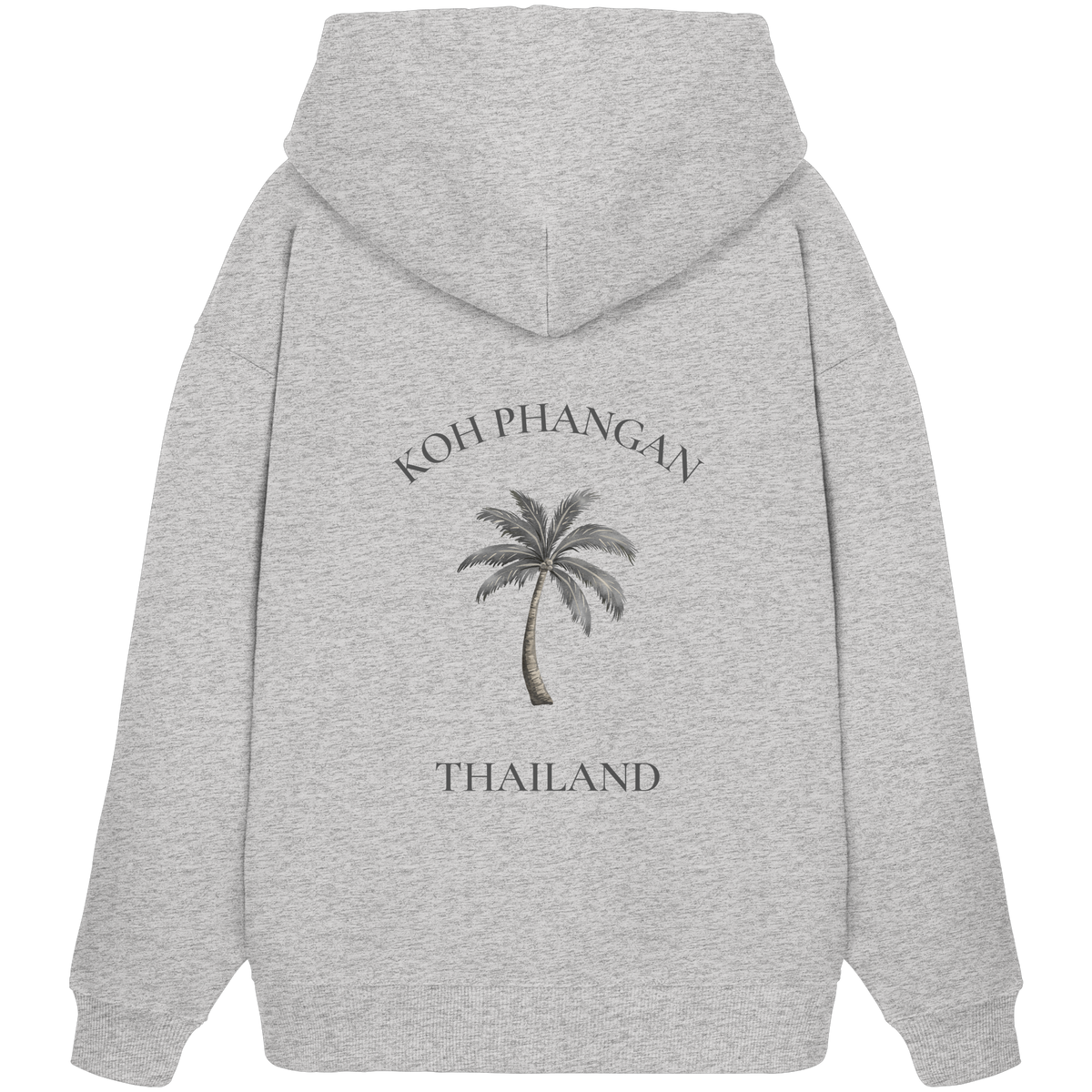 Koh Phangan Mini Palm – Bio Oversize Hoodie – Backprint – Originalmockup in Heather Grey, Produktansicht 2