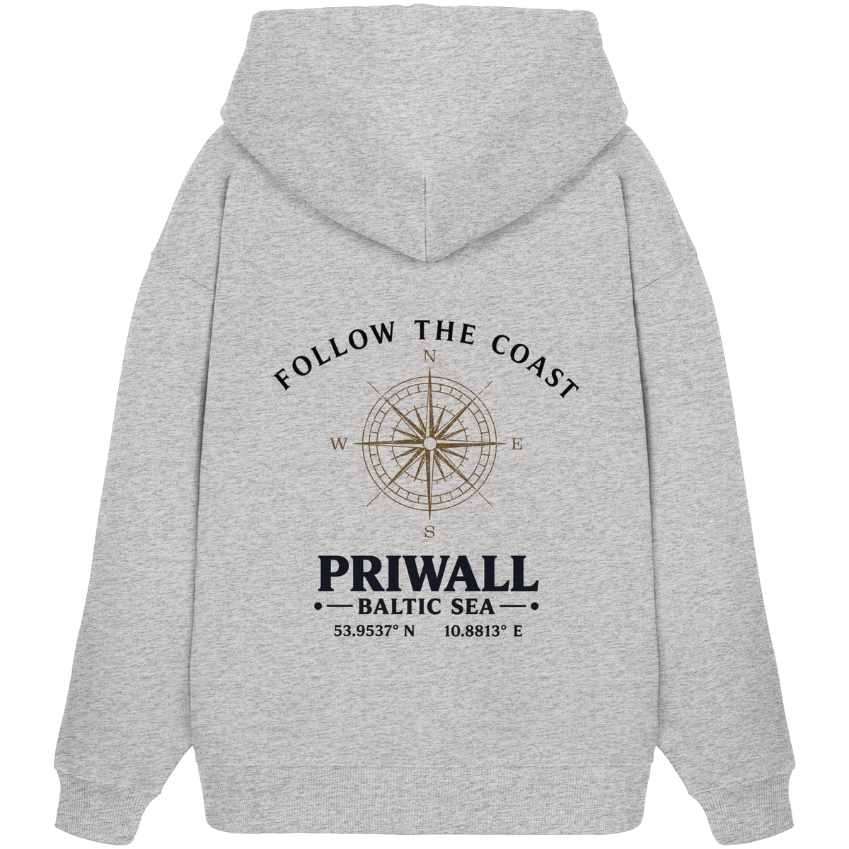 Rückansicht des Bio Oversize Hoodie in Cool Heather Grey mit hellem Priwall Follow the Coast Backprint