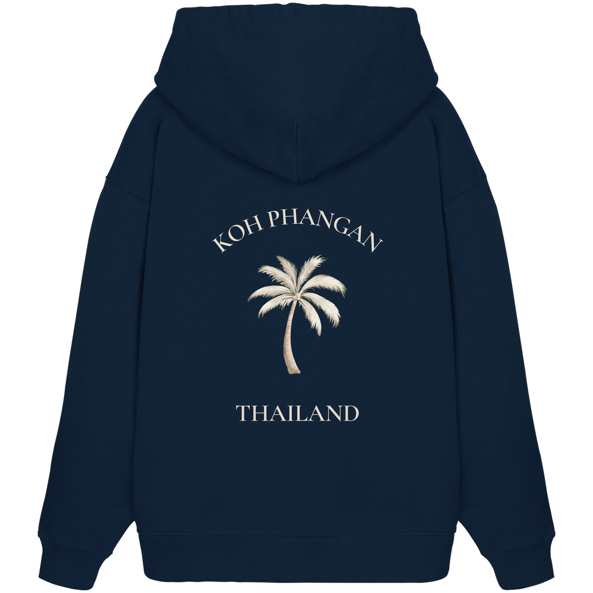 Bio Oversize Hoodie in french navy mit Koh Phangan Mini Palm Motiv als Backprint – Original-Mockup