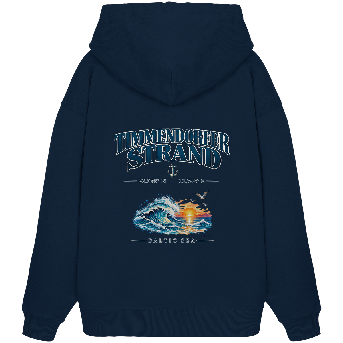 Original-Mockup 8: Unisex Bio-Oversize-Hoodie in French Navy mit Timmendorfer Strand – Baltic Sea Backprint.