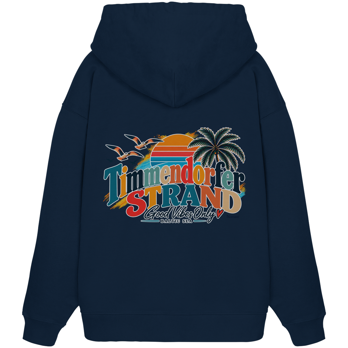Timmendorfer Strand – Good Vibes Only – Bio Oversize-Hoodie mit Rückenprint – French Navy; originales Katalogmockup der Rückansicht mit Rückenprint.