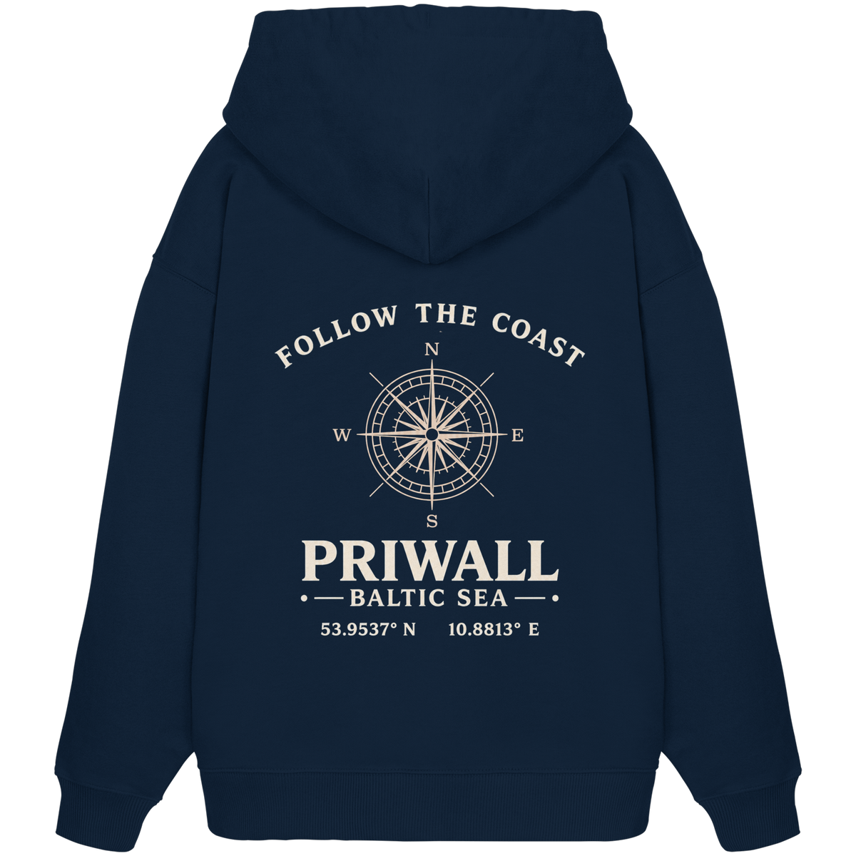 Rückansicht des Bio Oversize Hoodie in French Navy mit dunklem Priwall Follow the Coast Backprint