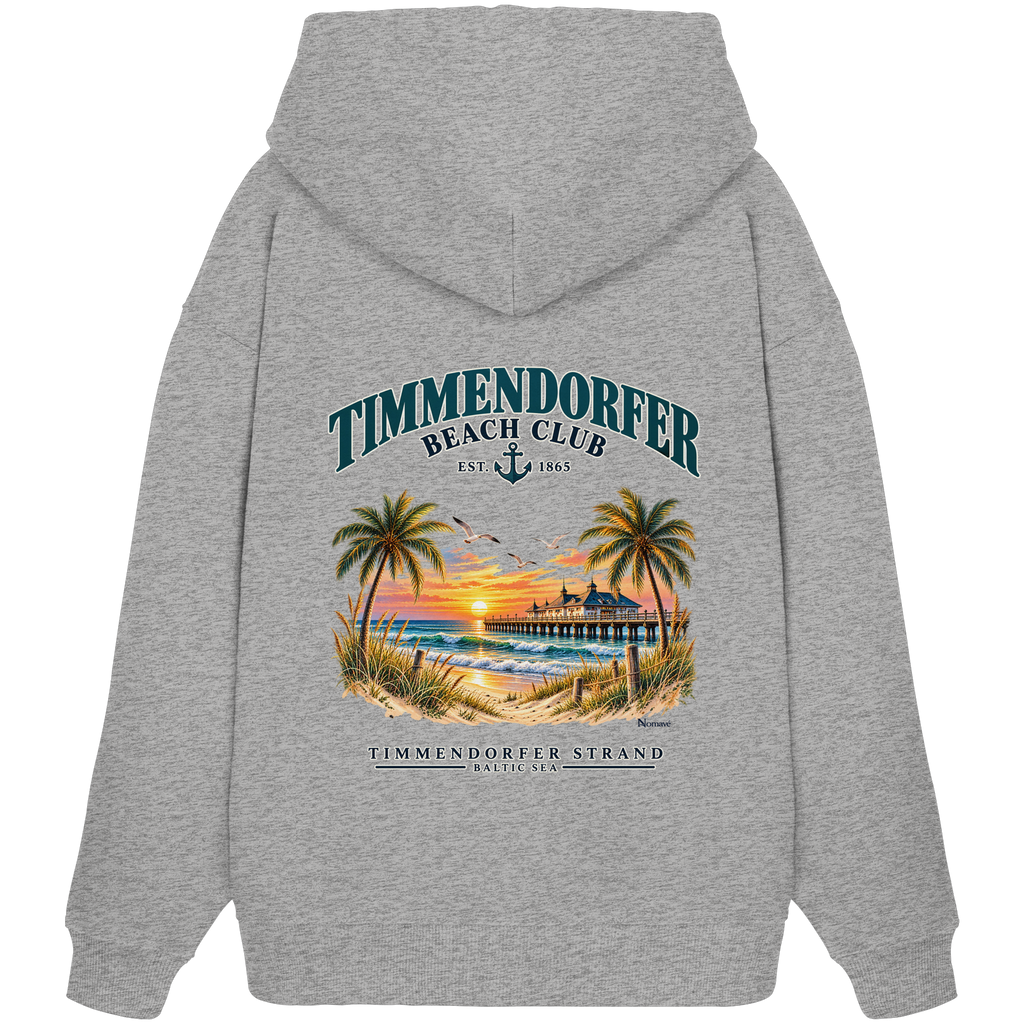 Original-/Katalogmockup: Unisex Bio-Oversize-Hoodie in Heather Grey, Rückansicht mit Timmendorfer-Beach-Club-Rückendruck.