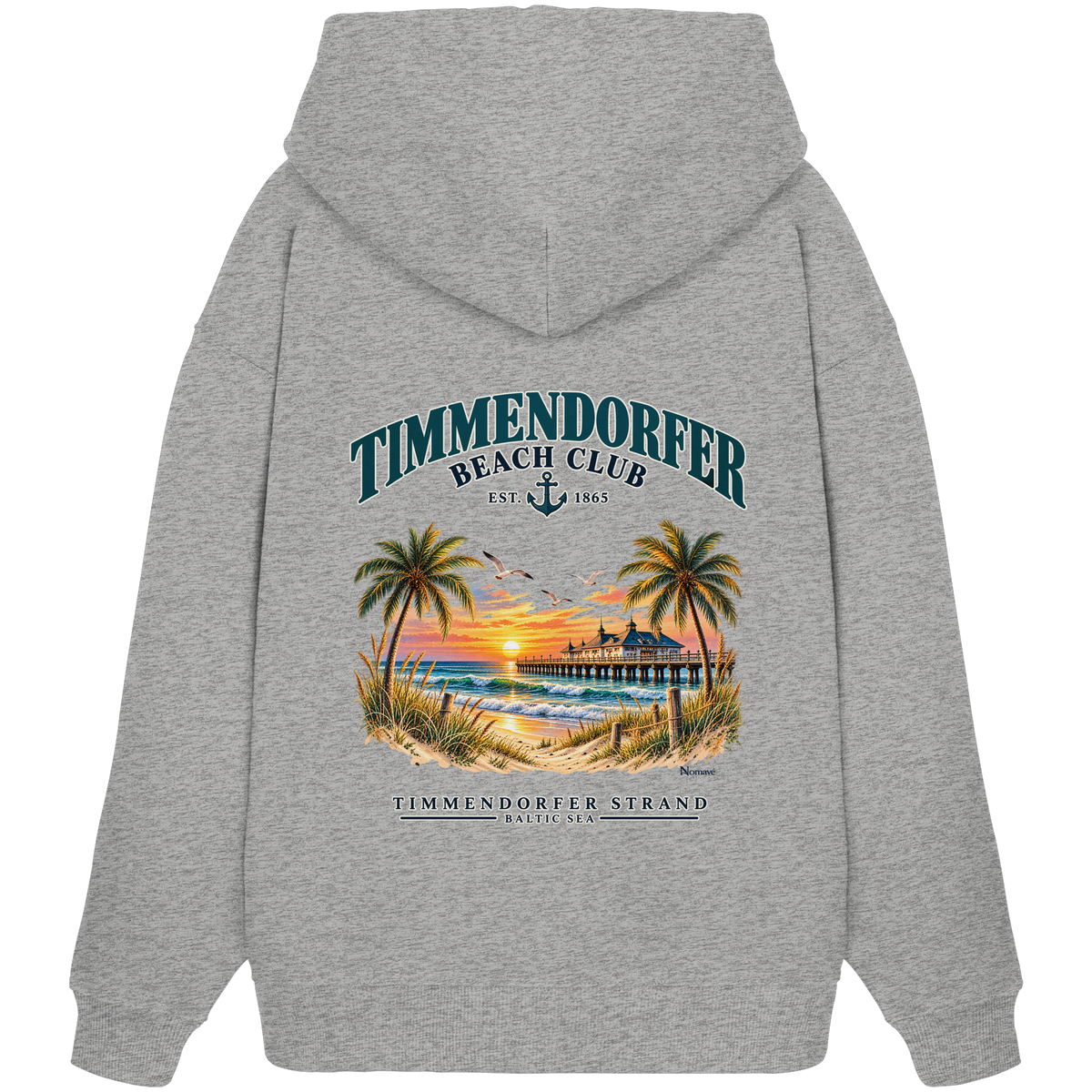 Original-/Katalogmockup: Unisex Bio-Oversize-Hoodie in Heather Grey, Rückansicht mit Timmendorfer-Beach-Club-Rückendruck.