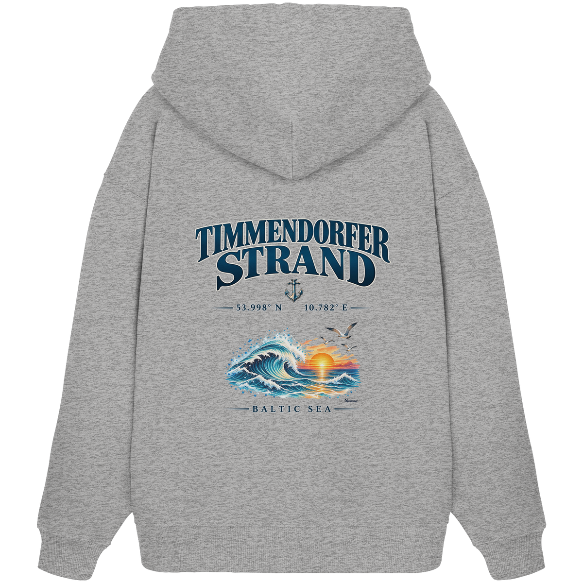 Original-Mockup 4: Unisex Bio-Oversize-Hoodie in Heather Grey mit Timmendorfer Strand – Baltic Sea Backprint.