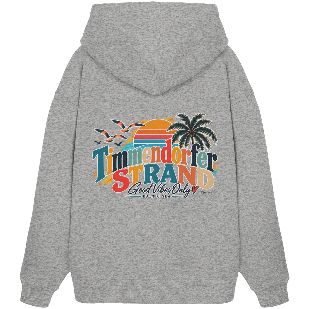 Timmendorfer Strand – Good Vibes Only – Bio Oversize-Hoodie mit Rückenprint – Heather Grey; originales Katalogmockup der Rückansicht mit Rückenprint.