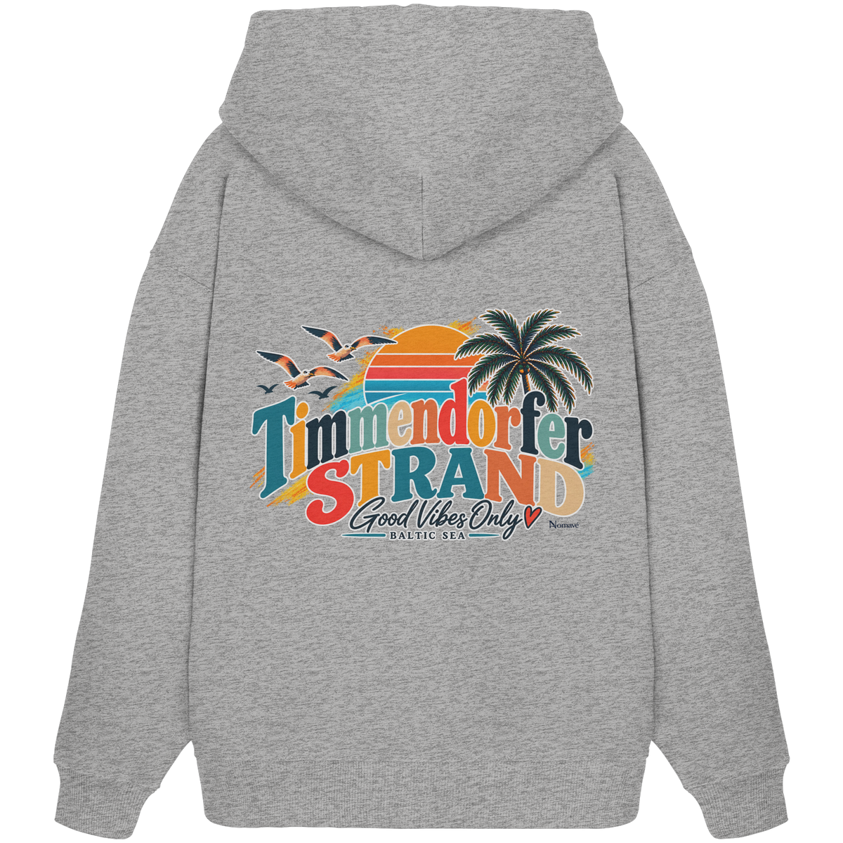 Timmendorfer Strand – Good Vibes Only – Bio Oversize-Hoodie mit Rückenprint – Heather Grey; originales Katalogmockup der Rückansicht mit Rückenprint.