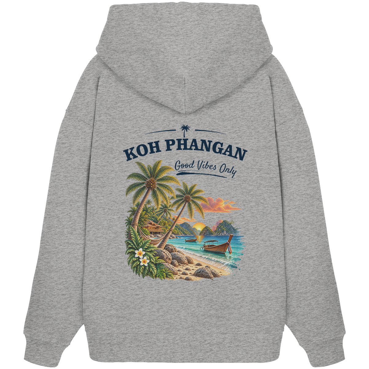Bio Oversize Hoodie – Backprint in heather grey als Original-Mockup mit Koh Phangan Good Vibes Only Backprint