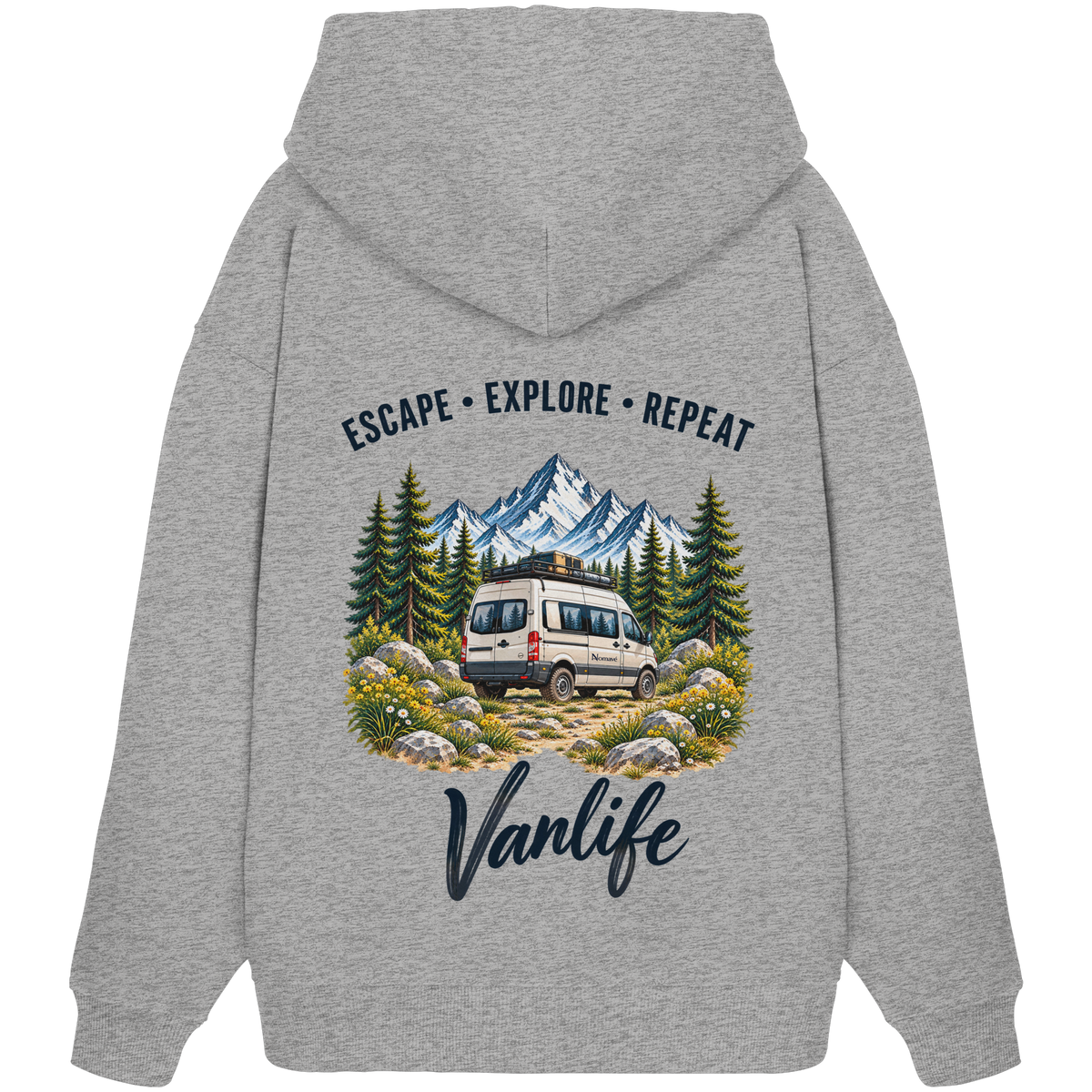 Bio Oversize Hoodie in Heather Grey als Produkt-Mockup mit Escape Explore Repeat Motiv als Backprint