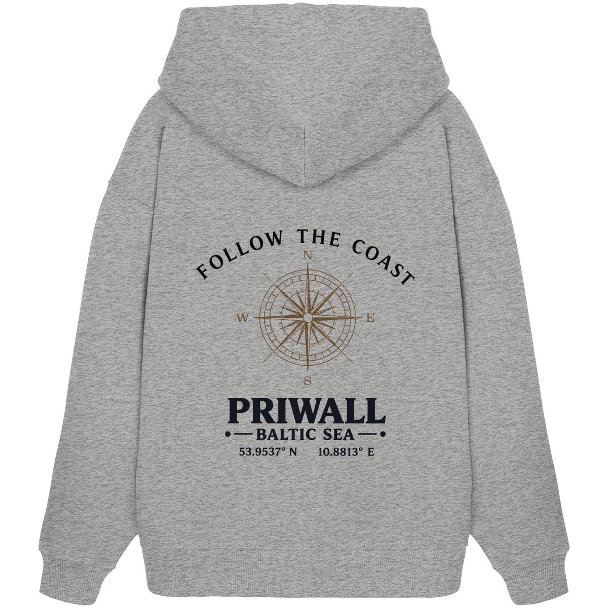 Rückansicht des Bio Oversize Hoodie in Heather Grey mit hellem Priwall Follow the Coast Backprint