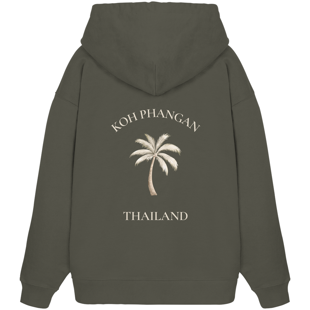 Bio Oversize Hoodie in khaki mit Koh Phangan Mini Palm Motiv als Backprint – Original-Mockup