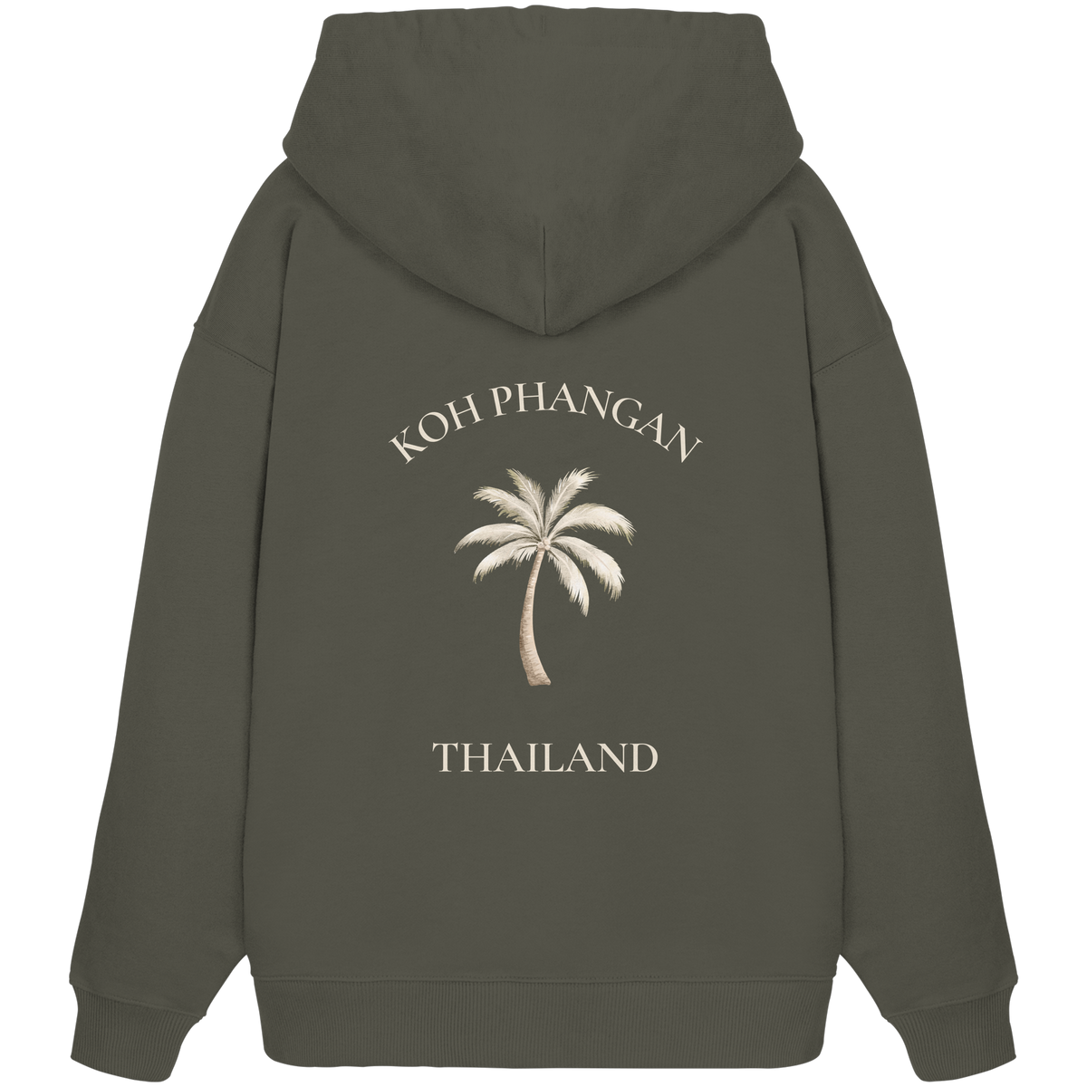 Bio Oversize Hoodie in khaki mit Koh Phangan Mini Palm Motiv als Backprint – Original-Mockup