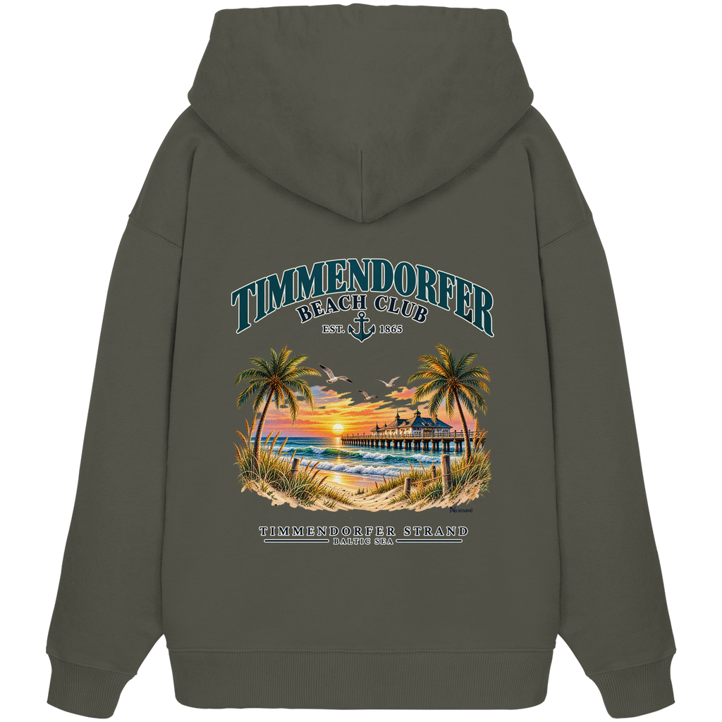 Original-/Katalogmockup: Unisex Bio-Oversize-Hoodie in Khaki, Rückansicht mit Timmendorfer-Beach-Club-Rückendruck.