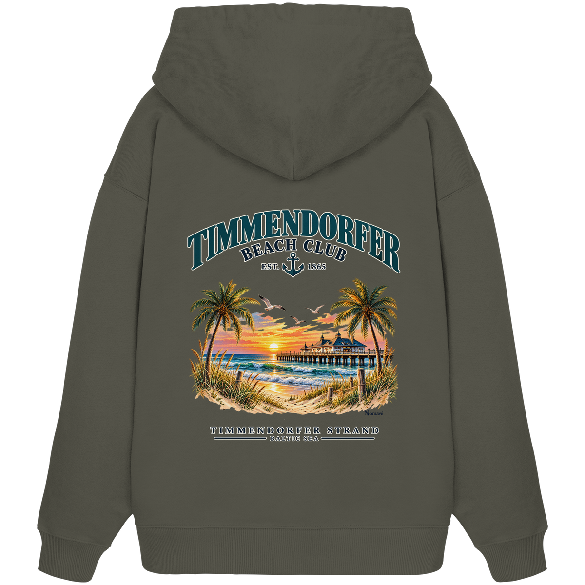 Original-/Katalogmockup: Unisex Bio-Oversize-Hoodie in Khaki, Rückansicht mit Timmendorfer-Beach-Club-Rückendruck.