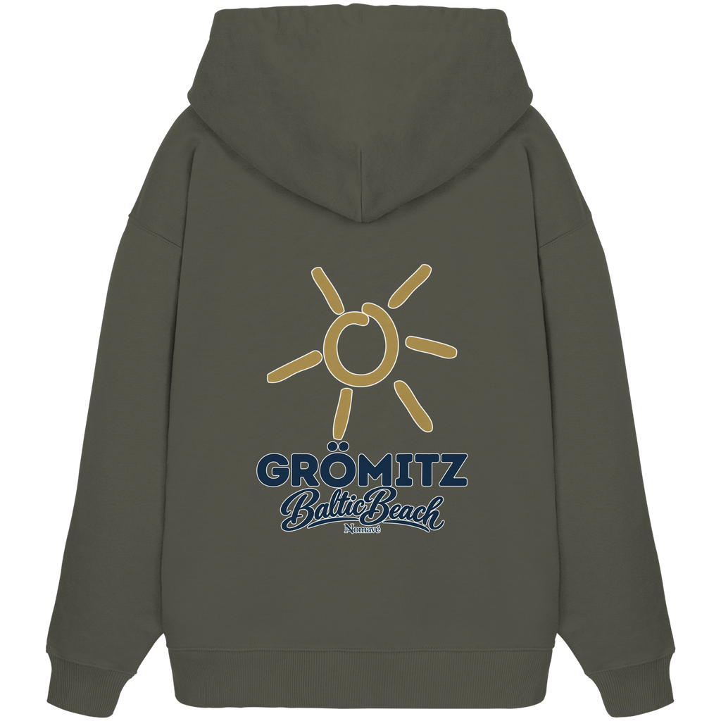 Grömitz Sonne Bio Oversize Hoodie Baltic Beach Rückendruck – Shirtigo-Originalmockup 8 (khaki)