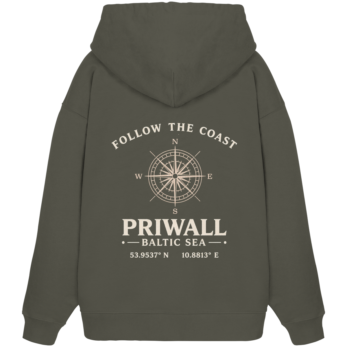 Rückansicht des Bio Oversize Hoodie in Khaki mit dunklem Priwall Follow the Coast Backprint