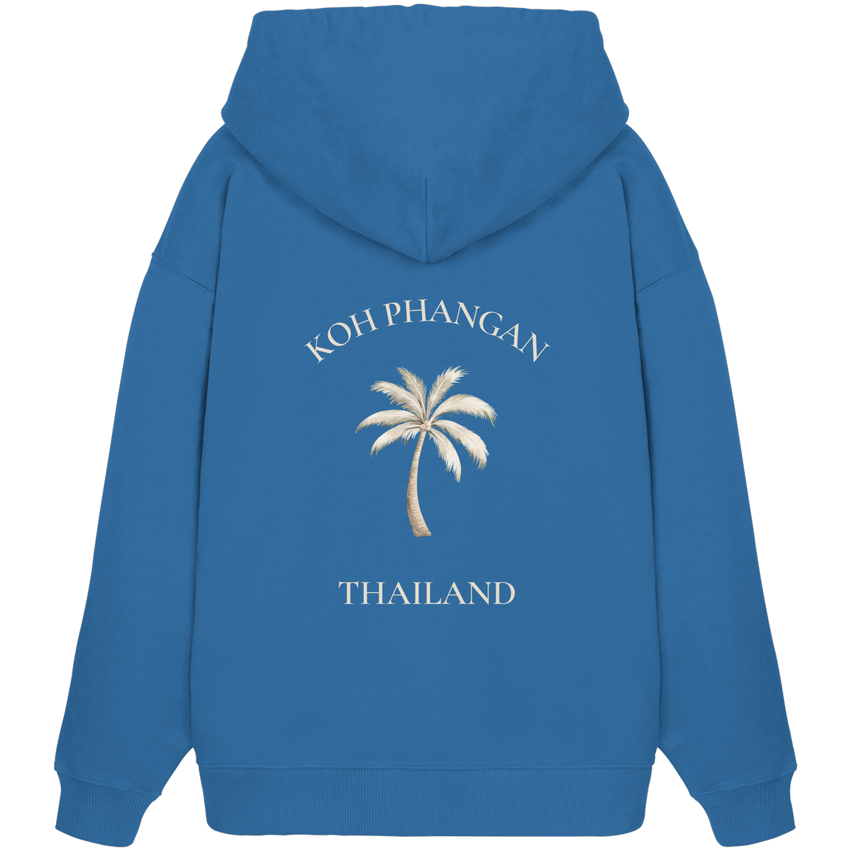 Bio Oversize Hoodie in mindful blue mit Koh Phangan Mini Palm Motiv als Backprint – Original-Mockup