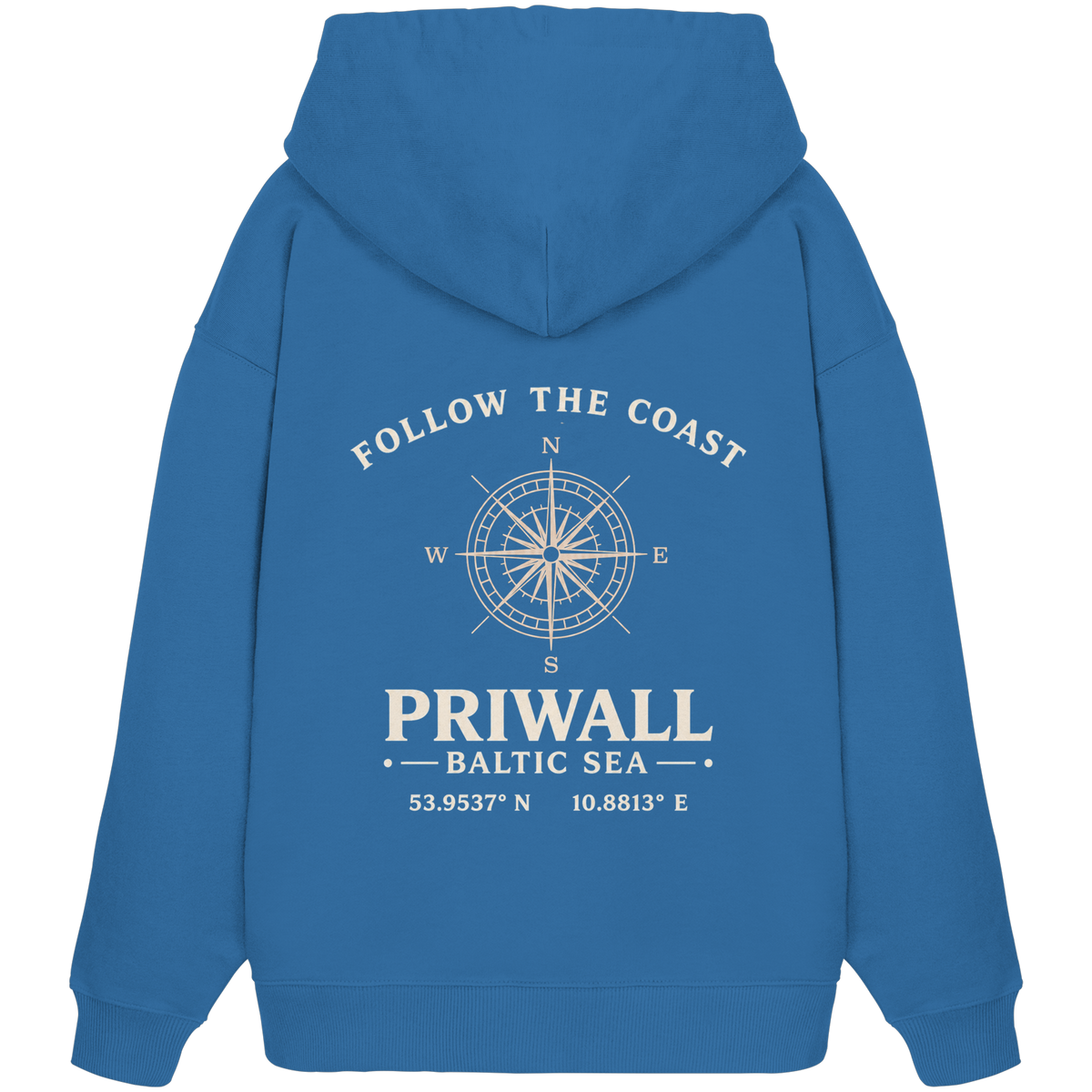 Rückansicht des Bio Oversize Hoodie in Mindful Blue mit dunklem Priwall Follow the Coast Backprint